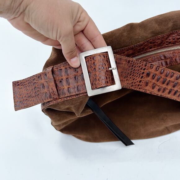 Daniella Lehavi Nevada Hobo Purse Suede Croc Shoulder Bag Suede Leather Camel - Picture 4 of 16